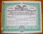 Click to view larger image of 1959 Spokane National Mines Inc. Stock Certificate (Image1)