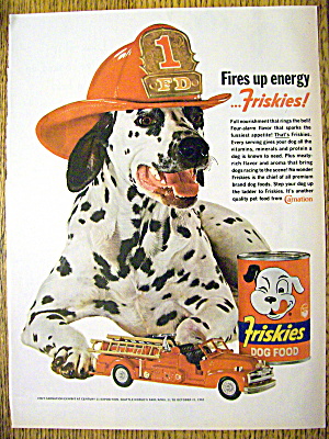 1962 Friskies Dog Food W/dalmatian & Fireman's Helmet