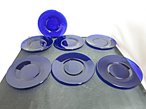Vintage Cobalt Blue Glass 6 3/4 Inch Plate Dessert Bread Set Of 7