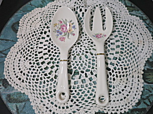 Vintage Porcelain Salad Serving Spoon And Fork Floral Pattern