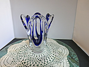Art Glass Vase Open Sides Clear With Cobalt Blue 7.5 Inches