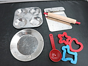 Vintage Kids Baking Set 8 Pc Lot Cookie Sheet Cutters Rolling Pin