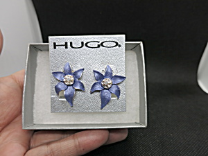Vintage Hugo Purple Flower Clip Earring Silver Tone