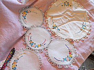 Linen Doilies Hand Made Set Of 5 Matching