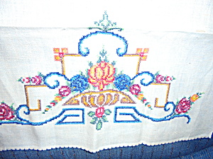 Cross Stitched Linen Table Or Stand Cover