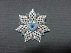 Floral Blue Rhinestone Pin Silver Tone