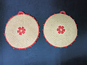 Vintage Hand Crochet Hot Pads Pot Holders Yellow Floral