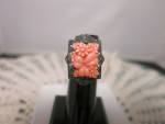 Click here to enlarge image and see more about item 34-23: Art Deco Coral Carved Sterling Ring size 4 with Marcacites