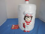 Click here to enlarge image and see more about item 726-321: Campbells Soup Kid Cookie Jar Cracker Keeper Houston Harvest
