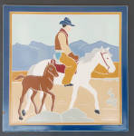 Click here to enlarge image and see more about item T1201V: 8-1/2" Franklin Cowboy on Horseback Leading Foal Tile - Mountains - Desert