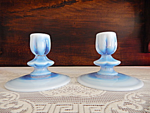 Duncan & Miller Blue Opalescent Canterbury Candlesticks