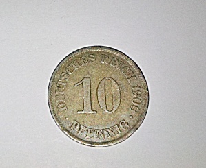 1908 German Empire 10 Pfennig coin. (Image1)