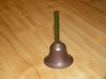 Click here to enlarge image and see more about item 2262: Nifty Vintage Aged Small Bell with Green Bakelite Handle Mid Century