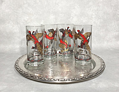 Vintage Midcentury signed Continental Can Company Pheasants set hiball glasses (Image1)