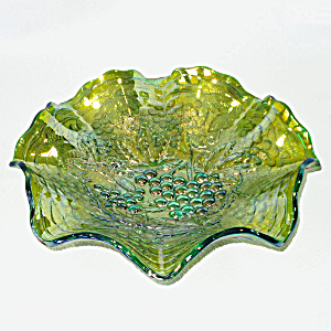 Imperial Grape Helios Green Ruffled Carnival Glass Bowl,Tulip Trees In Bloom
