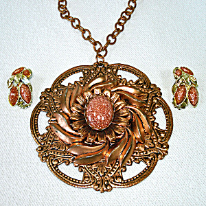 Goldstone And Copper Flower Medallion Necklace And Earrings