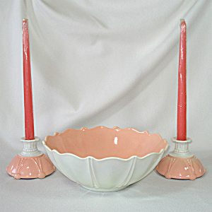 Hocking Pink Oyster Pearl Console Set Bowl Candlesticks