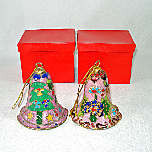 Boxed Pair Cloisonne Bells Christmas Ornaments