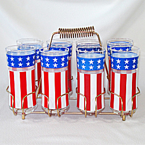 Libbey Set Patriotic Stars and Stripes Glass Tumblers in Caddy (Image1)