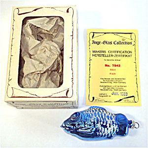 Blue Glittered Fish Boxed Inge Glass Christmas Ornament