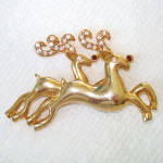 Click to view larger image of Double Reindeer Rhinestone Goldtone Christmas Brooch Pin (Image2)