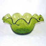 Click here to enlarge image and see more about item 15435: Olive Green Crackle Glass Ruffled Bowl