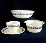 Click here to enlarge image and see more about item 6990: Corelle Pyrex Old Town Blue Vegetable Bowl, Margarine Tub, Sugar