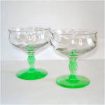 Click here to enlarge image and see more about item 8676: Tiffin Green Stem Festoon Optic Champagne Sherbet Goblet Pair