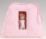 Vogue Carrying Case for Mini Ginny dolls was introduced in 2010. The pink and white cloth carrying case has a strap, pockets for 3 mini Ginny dolls, a window, a velcro closing and space for extra outfits. The Ginny logo decorates this handy carrier. It comes in a cellophane bag. It does not include any dolls. New, mint-in-the bag. Expand listing to view both photographs.
