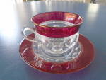 Click here to enlarge image and see more about item 12362: Vintage Kings Crown Cranberry Cups and Saucers