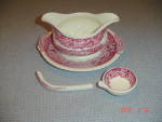 Click to view larger image of Masons Vista Pink Gravy Boat, Attached Tray, Ladle - Damaged (Image1)