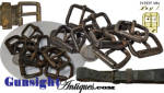 We have acquired a nice lot of original antique black iron <I>roller buckles</I> and are offering them here individually priced for the collector / historian who would like an example for use or display.  Originally emanating from the clean out of 19th century harness and leather work shop where the harness maker cut the buckles from used leather and threw them into a large wood box for reuse.   From this mix we have separated a number of classic <I>roller buckles</I> and are offering them here in <U>two sizes</U> all remaining in pleasing <I>as found</I> and usable condition many even retaining remnants period black paint finish.  We have buckles sized to accept 1 3/8 and 1 ¼ inch wide straps so <U>be sure and note the size you need</U> when ordering.  Wider waist belts were frequently cut down on the leading end to accept the standard 1 3/8 inch buckle.  (<I>see illustration</I>)   A classic design of the Civil War era we have seen these heavy black-iron roller buckles in use back to the Mexican War vintage <I>Grimsley</> U. S. Dragoon saddles.   Wide Civil War military use on all manner of leather accoutrements, horse equipment, waist belts and more has been well documented. As with <U>all direct sales</U>, we are pleased to offer a <B>no questions asked three day inspection with refund of the purchase price upon return as purchased!</B> Thanks for visiting Gunsight Antiques !