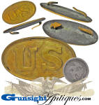 While our photo illustrations will do best in assessing condition, suffice it to say this regulation of 1839 US oval waist belt plate remains in exceptional, unissued condition, while offering good evidence of age and originality.  The die struck sheet brass face has never been polished or cleaned and retains its sharp edges with no dents, scratches or dings and offers a soft untouched natural age patina. The solder filled back is in compatible condition with an even natural age patina and sports the regulation die struck single arrow clasp and hook.  With federal and state use from inception through the advent of the more familiar and much larger <I>two arrow</I> US plate of the same basic design, most of these small sized plates were manufactured in the 1840’s and 1850’s.  With a rich history, this small US oval plate is most quickly associated with the Mexican War and frontier West yet a good many found their way into the Civil War by virtue of early war state issue from existing state arsenal stores. (see: <I>AMERICAN MILITARY BELT PLATES</I> by O’Donnell & Campbell) <B>Buy with confidence! </B><I>  We are pleased to offer a <B><U>no questions asked</U> three day inspection with return as purchased on direct sales!</B> <I>Just send us a courtesy  e-mail to let us know your item will be returned per these provisions and your purchase price will be refunded accordingly.</I>  <FONT COLOR=#0000FF>Thanks for visiting Gunsight Antiques! </FONT COLOR=#0000FF>