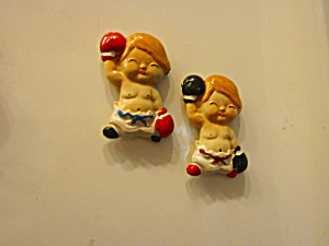 Vintage Tin Back Fridge Magnet Set Boxer Babies