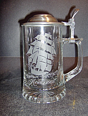 Vintage Glass Etched Crystal Stein With Pewter Lid