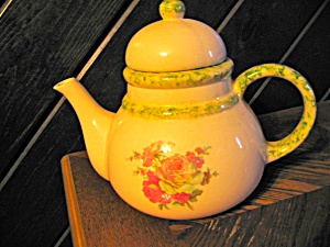 Large Pink Rose Green Trim Teapot