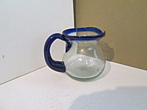 Vintage Blown Glass Clear Pitcher With Blue Trim   (Image1)
