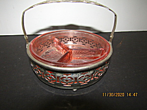 Vintage Pink Glass Three Section Dish In Holder (Image1)