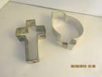 Click here to enlarge image and see more about item eastcc6d: Vintage Chicken & Cross Metal Easter Cookie Cutters 