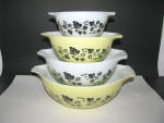 Click here to enlarge image and see more about item jppwg110: Vintage Pyrex Black,Yellow,White Gooseberry Bowls  