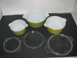 Click to view larger image of Vintage Pyrex Verde Casserole Bowls and Lids (Image2)