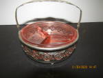 Click here to enlarge image and see more about item vahmis8b: Vintage Pink Glass Three Section Dish In Holder