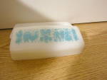 Click here to enlarge image and see more about item vcpyrexbr1a: Vintage Pyrex Butterprint Turquoise/White Butter Dish