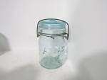 Click here to enlarge image and see more about item vfjarsbc9k: Vintage  Atlas E-Z Seal Aqual Pint Wire Bail Fruit Jar 