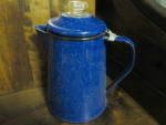 Click here to enlarge image and see more about item vmwarep1n: Vintage Graniteware Blue Speckled Coffee Pot