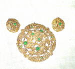 Vintage Brooch and Earrings Goldtone with Green Gems