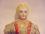 Click here to enlarge image and see more about item DOLL4: ANTIQUE GERMAN BLOND CHINA HEAD DOLL SILK DRE