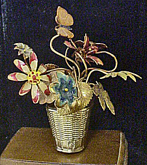 Metal Flower Filled Basket W/butterfly