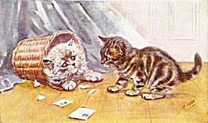 Vintage J Salmon Blue Persian & Tabby Cats Postcard (Image1)