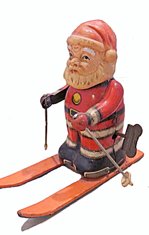 Early Vintage Japan Santa Claus on Skis Wind-Up Tin Toy (Image1)